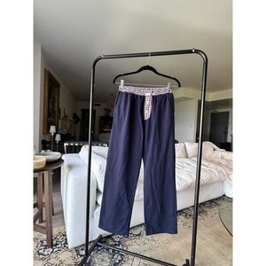 Hand Over Regular Navy Cotton Pants Button Fly Plaid Waistband